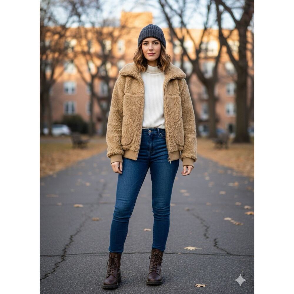 Aritzia Wilfred Free Teddy Sherpa Bomber Jacket Women XS Oversized Brown EUC